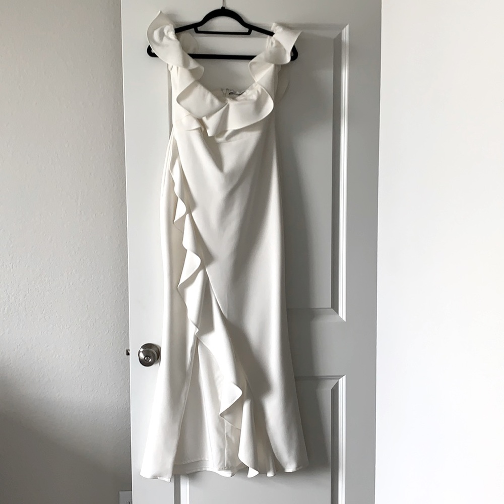 Revolve off white, off the shoulder ruffle dress
